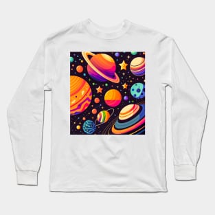 Cosmic Harmony: Brightly Colored Flat Vector Illustration of Planets and Stars in the Solar System Long Sleeve T-Shirt